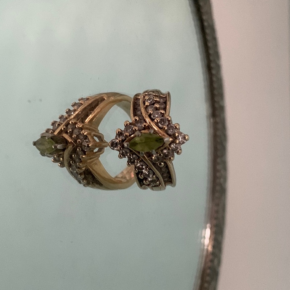 Marquis cut peridot with diamonds.  14K